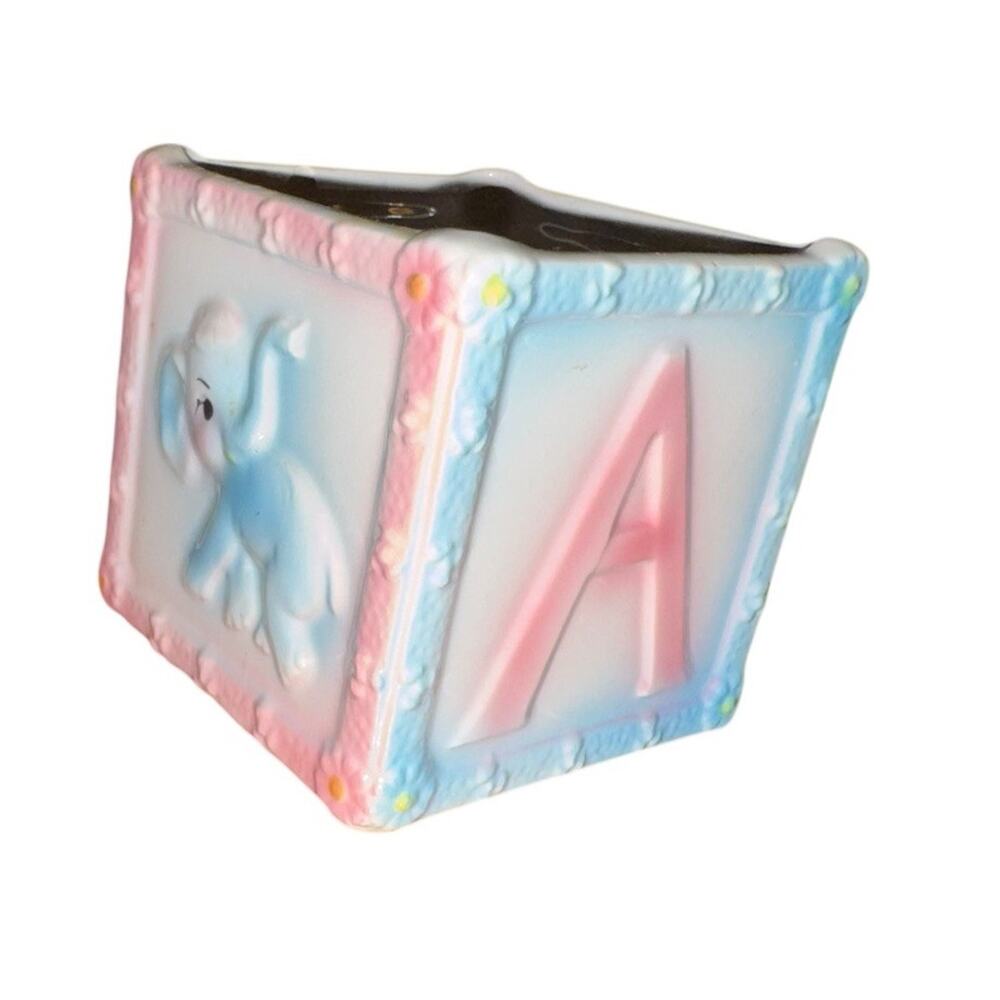 Vintage‎ Baby Alphabet Block Planter Ceramic Nursery Elephant Lamb Pink Blue